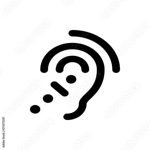 Illustration of a stylized human ear with sound waves emanating from it in a minimalist black design