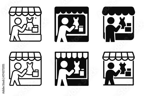 Window Shopping Logos. Window shopping. Set Logo of window shopping: person browsing products without entering store. harmonious logo variations of the same