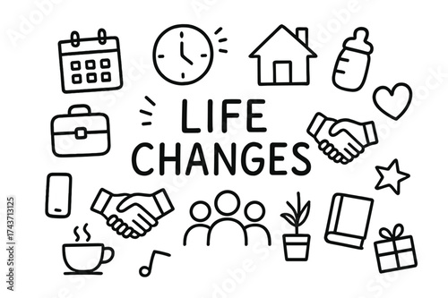Life's Symbolic Journey. Life changes. Hand-drawn doodle illustration life changes calendar, clock, house, suitcase, baby bottle, heart, handshake, people