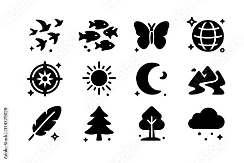 Wildlife Migration Icons. Wildlife migration. Solid icons set of Wildlife migration: flock of birds, fish school, butterfly, globe, compass, sun, moon,
