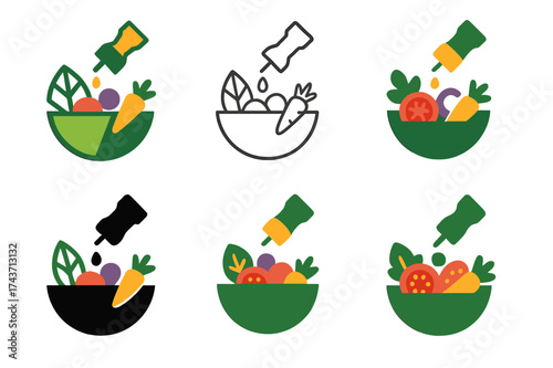 Colorful Salad Logos. Preparing a colorful salad with a variety of vegetables. Set Logo of Preparing a colorful salad with a variety of vegetables: Bottle of