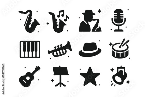 Jazz Music Icons. Saxophone. Solid icons set of Saxophone: saxophone silhouette, saxophone with notes, jazz musician, microphone, piano keys, trumpet, fedora
