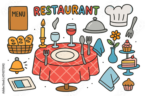 Colorful Restaurant Doodles. Restaurant. Colorful Hand-drawn doodle Children illustration Table, menu, plate, fork, knife, spoon, napkin, candle, bread basket,