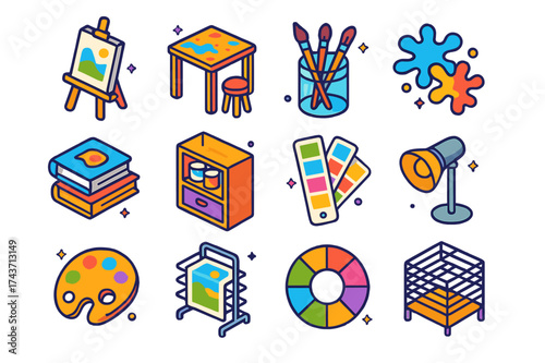 Colorful Art Studio Icons. Art Studio. Colorful isometric vector icons set of Art Studio: easel, canvas, paint table, stool, brushes in jar, paint splashes,