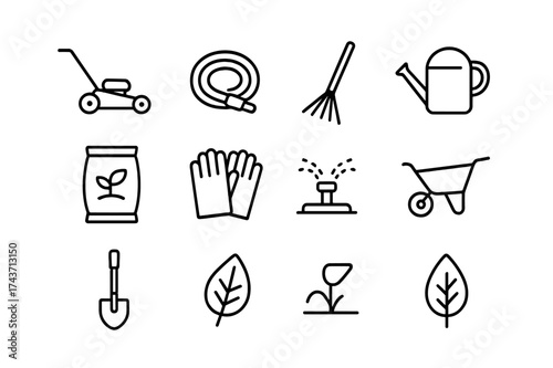 Lawn Care Icons. Lawn care. Line icon set of lawn care: lawn mower, hose, rake, watering can, fertilizer bag, gloves, sprinkler, wheelbarrow, shovel, leaf. All