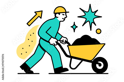 Effort and Endurance. Manual Effort. A glowing worker pushing a wheelbarrow, abstract floating spark and arrow shapes symbolizing endurance. Modern flat-line