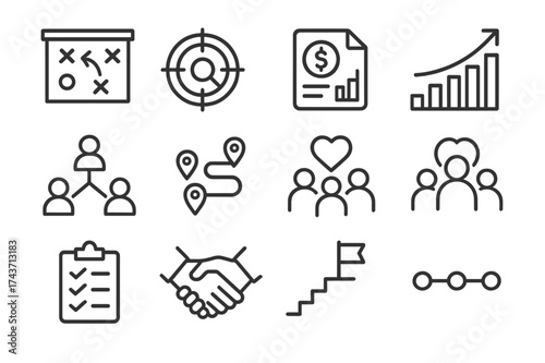 Philanthropy Strategy Icons. Philanthropy strategy. Line icon set of Philanthropy strategy: planning board, target icon, budget allocation, growth chart,