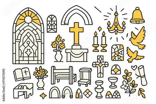 Church Interior Doodles. Church Decoration. Hand-drawn doodle illustration church decoration stained glass window (accented), cross, arches (accented),