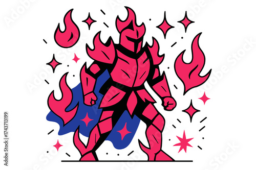 Fierce Flame Armor. Flame armor. A glowing fiery red suit with sharp edges, abstract floating flames, sparks, and stars showing ferocity and destruction.