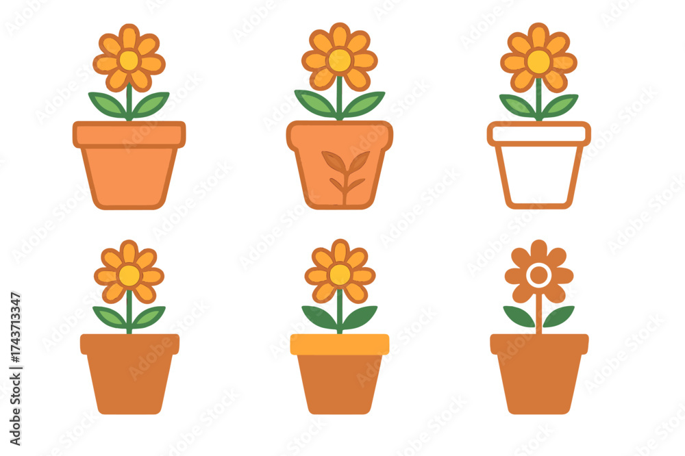 Fototapeta premium Flower Pot Logos. Decorating a flower pot. Set Logo of Gardening: colorful flower pot icon. harmonious logo variations of the same emblematic concept, each