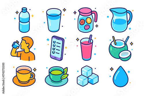 Colorful Hydration Icons. Hydration. Colorful isometric vector icons set of hydration: water bottle, glass of water, fruit infused water, water jug, person