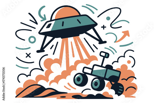 Mars Mission Landing. Rover landing. Glowing Mars lander with a rover descending, abstract floating lines and dust clouds showing motion and anticipation.