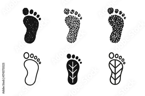 Eco Shoe Logos. Creating eco-friendly shoes from recycled rubber. Set Logo of Creating eco-friendly shoes from recycled rubber: Footprint composed of rubber