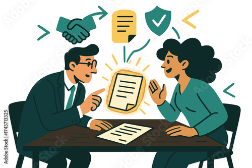 Dynamic Business Negotiation. Negotiation skills. Manager and partner discussing glowing contract at a table. Floating handshake, document, and shield icons