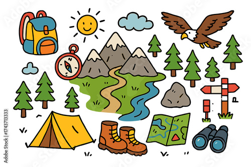 Adventure Essentials Doodle. Mountain Range Exploration. Colorful Hand-drawn doodle Children illustration Backpack, compass, mountain peaks, hiking trail,