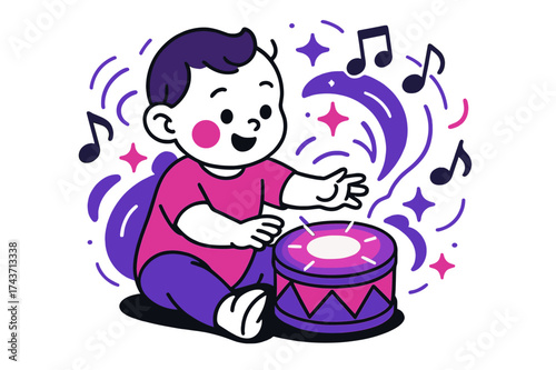 Musical Toddler's Joy. Child with musical toy. A toddler playing with a glowing toy drum, abstract floating notes and stars swirling around to show joy and