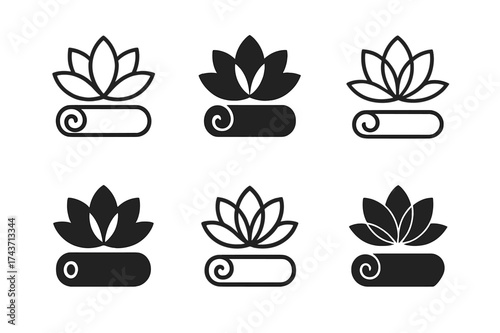 Harmony in Variety. Mastering new skills and hobbies. Set Logo of Mastering new skills and hobbies: Yoga mat and lotus. harmonious logo variations of the same