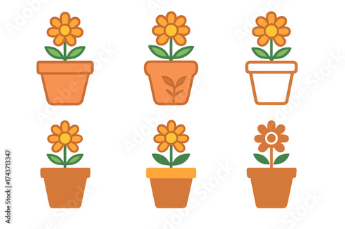 Flower Pot Logos. Decorating a flower pot. Set Logo of Gardening: colorful flower pot icon. harmonious logo variations of the same emblematic concept, each