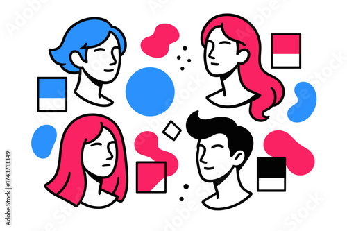 Vibrant Wig Displays. Color palette wigs. Floating mannequin heads each wearing wigs in bold, abstract hair colors. Geometric swatches hover beside them like
