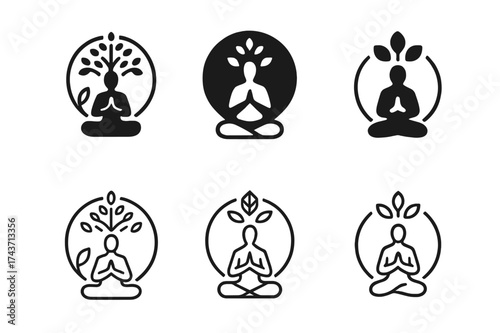 Spirituality Logo Variations. Prayer in nature. Set Logo of Spirituality: meditation circle with natural elements. harmonious logo variations of the same