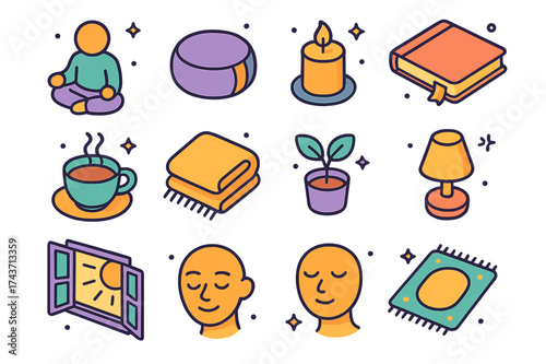 Inner Calm Icons. Inner calm. Colorful isometric vector icons set of inner calm: person sitting quietly, meditation cushion, candle, journal, cup of tea, soft