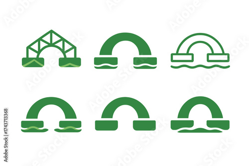 Green Bridge Logos. Green bridges. Set Logo of Green bridges: Modular floating green span. harmonious logo variations of the same emblematic concept, each with