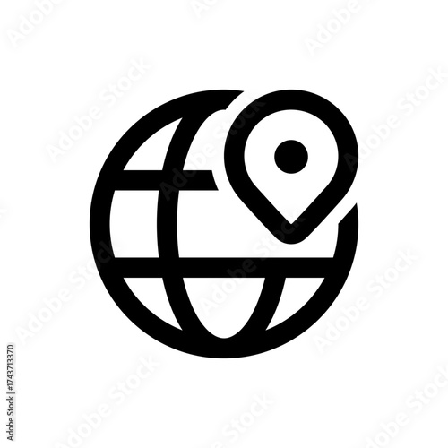 Black globe with meridian lines and a location pin icon indicating a specific geographic position on earth