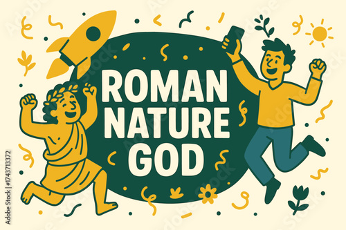Joyful Roman Nature Celebration. Roman Nature God banner, flat vector illustration, bold oversized text inside rounded blob, cartoon characters jumping and