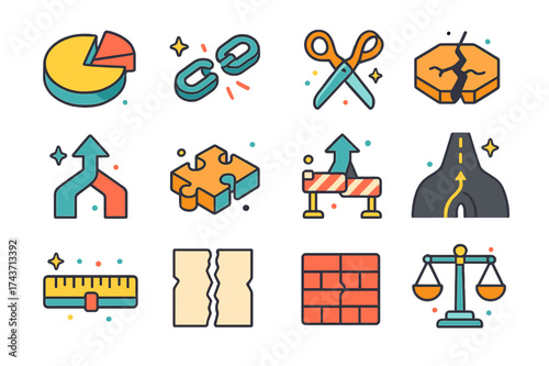 Colorful Division Icons. Division. Colorful isometric vector icons set of division: split pie chart, broken chain, scissors, cracked ground, divided arrow,