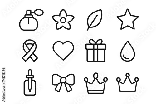 Perfume Icon Set. Perfume aesthetics. Line icon set of perfume aesthetics: perfume bottle, flower, leaf, star, ribbon, heart, gift box, dropper bottle, bow,