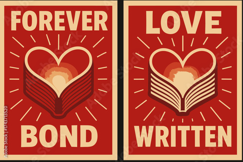 Forever Bond Book. Commitment. Two vertical A6 banners with safe margins, centered composition, no elements touching edges, bold style, red and beige, large