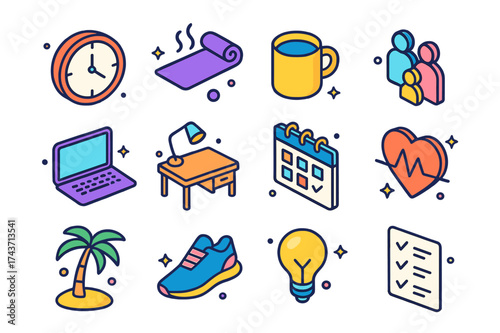 Colorful Work-Life Icons. Work-Life Balance. Colorful isometric vector icons set of Work-Life Balance: clock, yoga mat, coffee mug, family icon, laptop, desk,