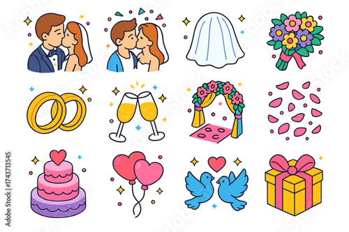 Wedding Icon Celebration. Wedding kiss. Colorful isometric vector icons set of wedding kiss: bride and groom kissing, couple under confetti, wedding veil,