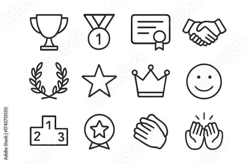 Employee Recognition Icons. Employee recognition. Line icon set of employee recognition: trophy, medal, certificate, handshake, laurel wreath, star, crown,