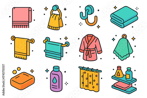 Colorful Bathroom Icons. Bath Towel Loop. Colorful isometric vector icons set of Bath Towel Loop: bath towel, towel loop, bathroom hook, folded towel, hand