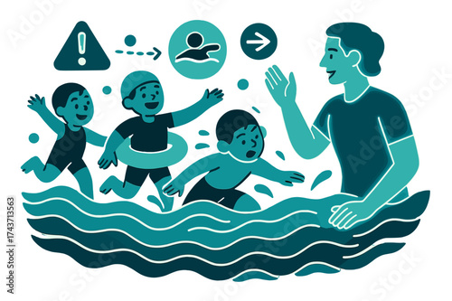Aquatic Safety Education. Water safety lessons. Glowing instructor teaching children, abstract floating waves and geometric icons emphasizing safety, skill,