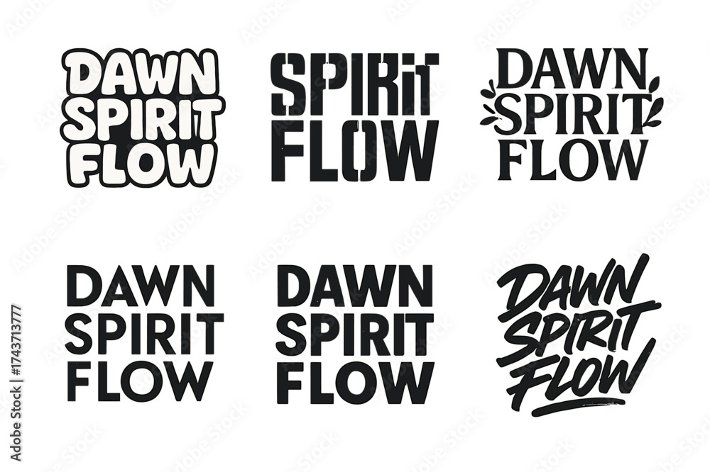 Obraz premium Artistic Lettering Grid. Dawn Spirit Flow. Set lettering. harmonious lettering variations of the same emblematic concept (Funky cartoon-style lettering,