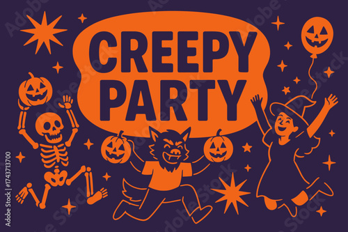 CreepyParty Celebration. CreepyParty banner, flat vector illustration, bold oversized text inside rounded blob, cartoon characters jumping and cheering near