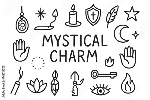 Mystical Charm Doodles. Mystical Charm. Hand-drawn doodle illustration of Mystical Charm. Amulet, crystal,