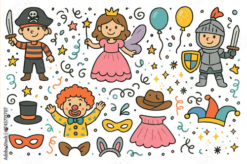 Playful Costume Party. Costume party. Colorful Hand-drawn doodle Children illustration Pirate costume, princess dress, fairy wings, knight armor, magician hat,