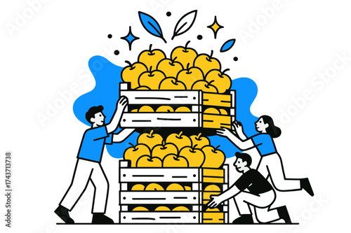 Glowing Apple Crates. Stacked crates. Multiple wooden crates glowing with apples piled up high, abstract floating leaves and sparkles above showing plenty and