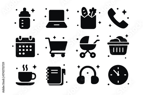 Mom's Multitasking Icons. Mom Multitasking. Solid icons set of Mom Multitasking: Baby Bottle, Laptop, Grocery Bag, Phone, Calendar, Shopping Cart, Stroller,