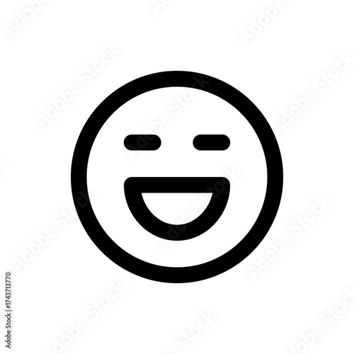 A simple black and white smiley face with a wide smile and closed eyes in a circular outline design style