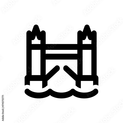 Illustration of a black bridge with two towers and a lift span over water with waves in a simple style