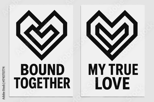 Geometric Heart Banners. Geometry. Two vertical A6 banners, geometric, black and white backgrounds, overlapping angular hearts forming a stylized heart, first
