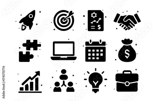 Entrepreneurship Icons Set. Entrepreneurship. Solid icons set of rocket launch, target, business plan, handshake, puzzle pieces, laptop, calendar, money bag,