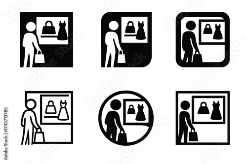 Harmonious Logo Designs. Window shopping. Set Logo of window shopping: casual passerby admiring store items. harmonious logo variations of the same emblematic