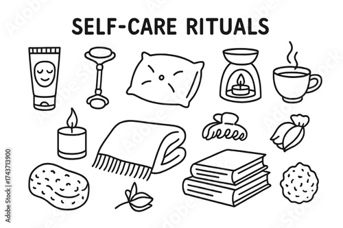 Self-Care Essentials Doodle. Self-care rituals. Hand-drawn doodle illustration self-care rituals skincare mask tube, jade roller, relaxing pillow, essential