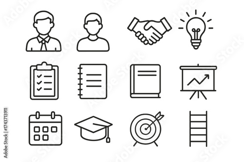 Mentorship Icon Set. Mentorship and Career Guidance. Line icon set of Mentorship and Career Guidance: mentor figure, mentee figure, handshake, light bulb,
