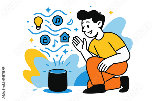 Interacting with Voice Assistant. Voice assistants. A character speaking to a glowing smart speaker with floating waves, stars, and icons showing control of